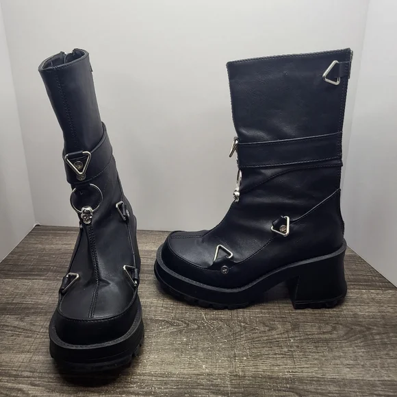 Demonia BRATTY Black Vegan Leather Platform Boots Womens 6 Goth Punk DOMINATRIX - Picture 1 of 11